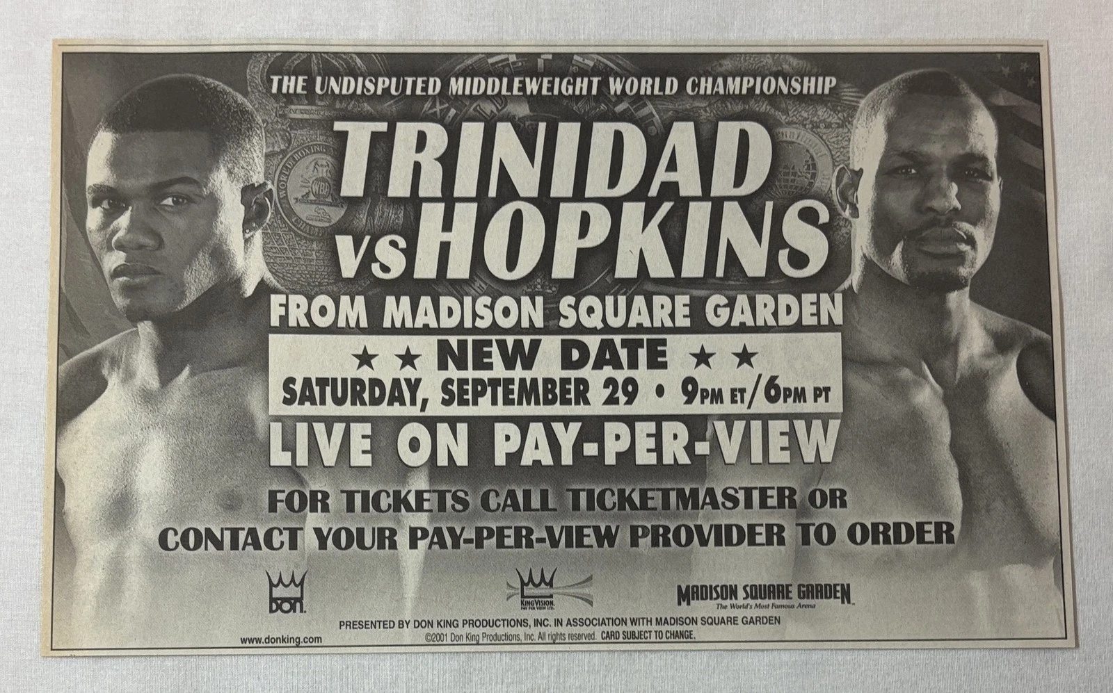 The newsprint advert for the rescheduled date for Felix Trinidad vs. Bernard Hopkins in September 2001