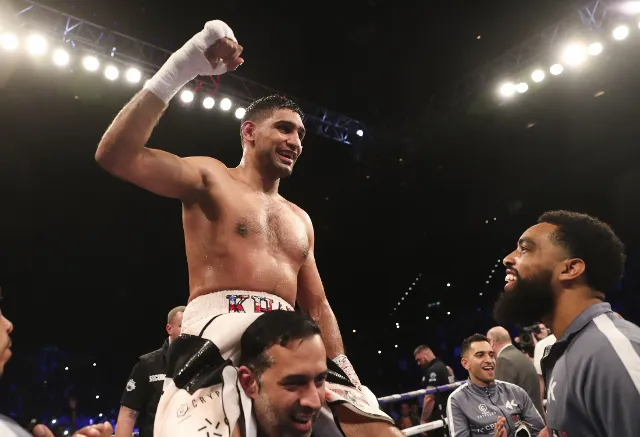 Amir Khan celebrates his 2018 victory over Samuel Vargas